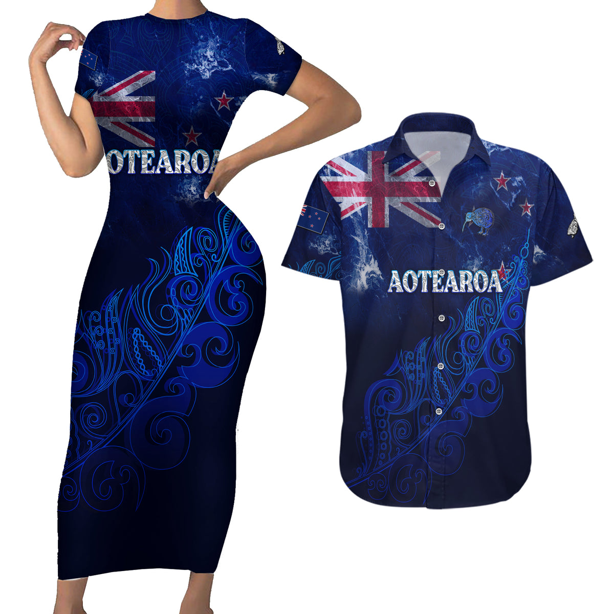 Personalised New Zealand Couples Matching Short Sleeve Bodycon Dress and Hawaiian Shirt Aotearoa Map Silver Fern - Wonder Print Shop