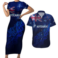 Personalised New Zealand Couples Matching Short Sleeve Bodycon Dress and Hawaiian Shirt Aotearoa Map Silver Fern - Wonder Print Shop