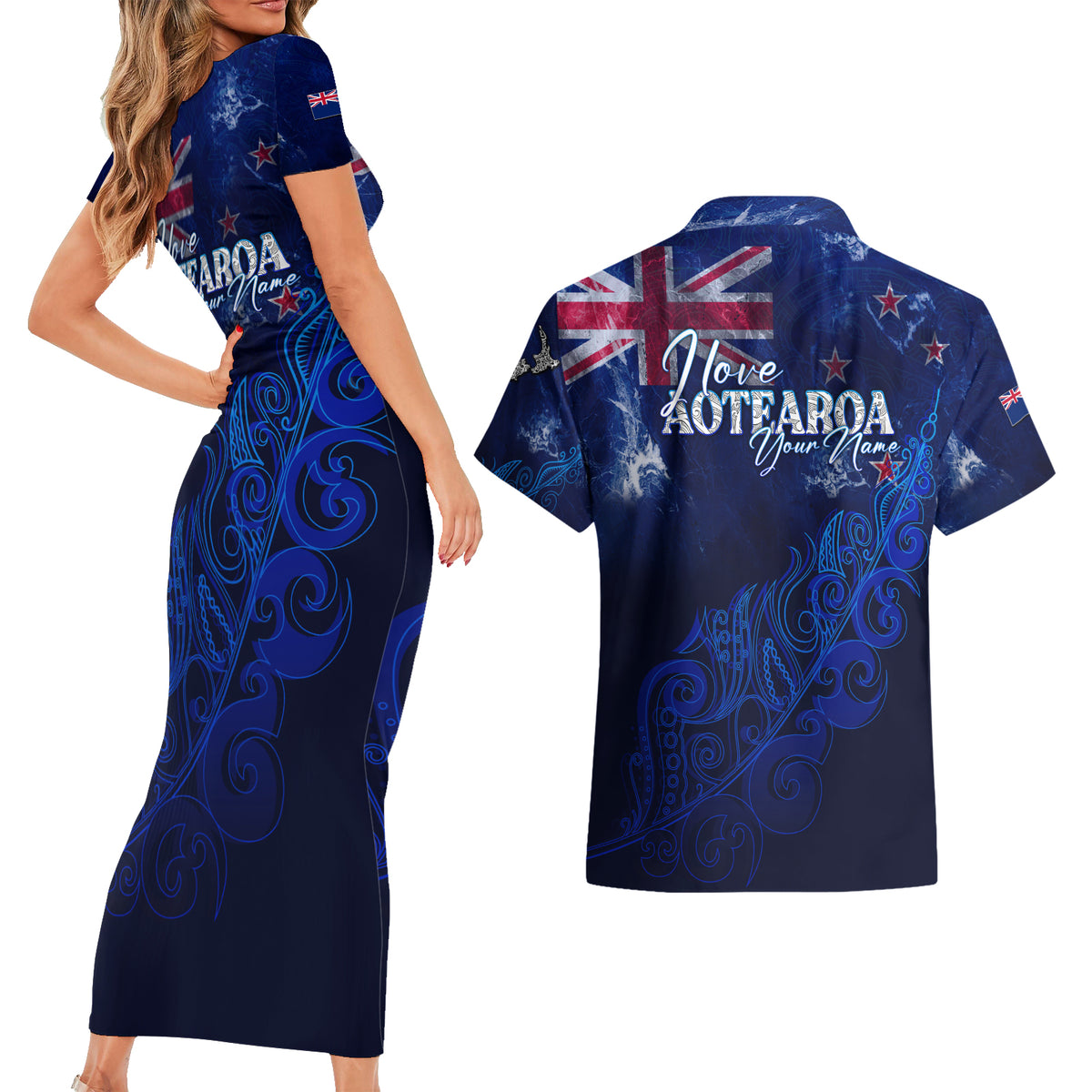 Personalised New Zealand Couples Matching Short Sleeve Bodycon Dress and Hawaiian Shirt Aotearoa Map Silver Fern - Wonder Print Shop