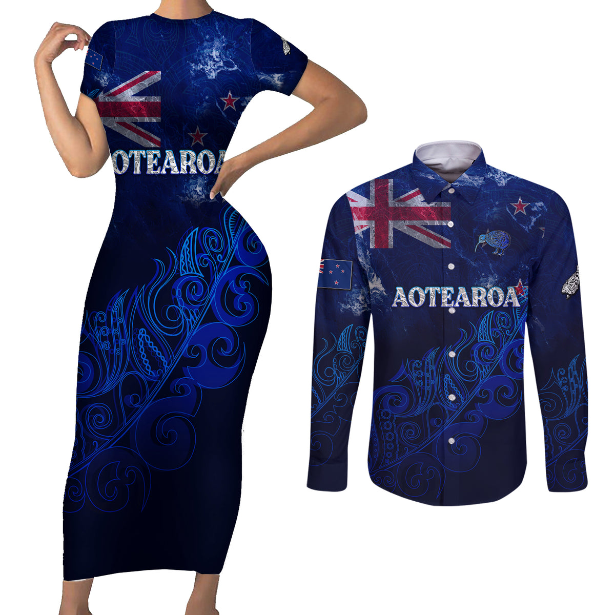 Personalised New Zealand Couples Matching Short Sleeve Bodycon Dress and Long Sleeve Button Shirts Aotearoa Map Silver Fern - Wonder Print Shop