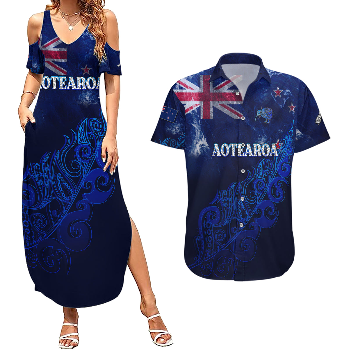Personalised New Zealand Couples Matching Summer Maxi Dress and Hawaiian Shirt Aotearoa Map Silver Fern - Wonder Print Shop