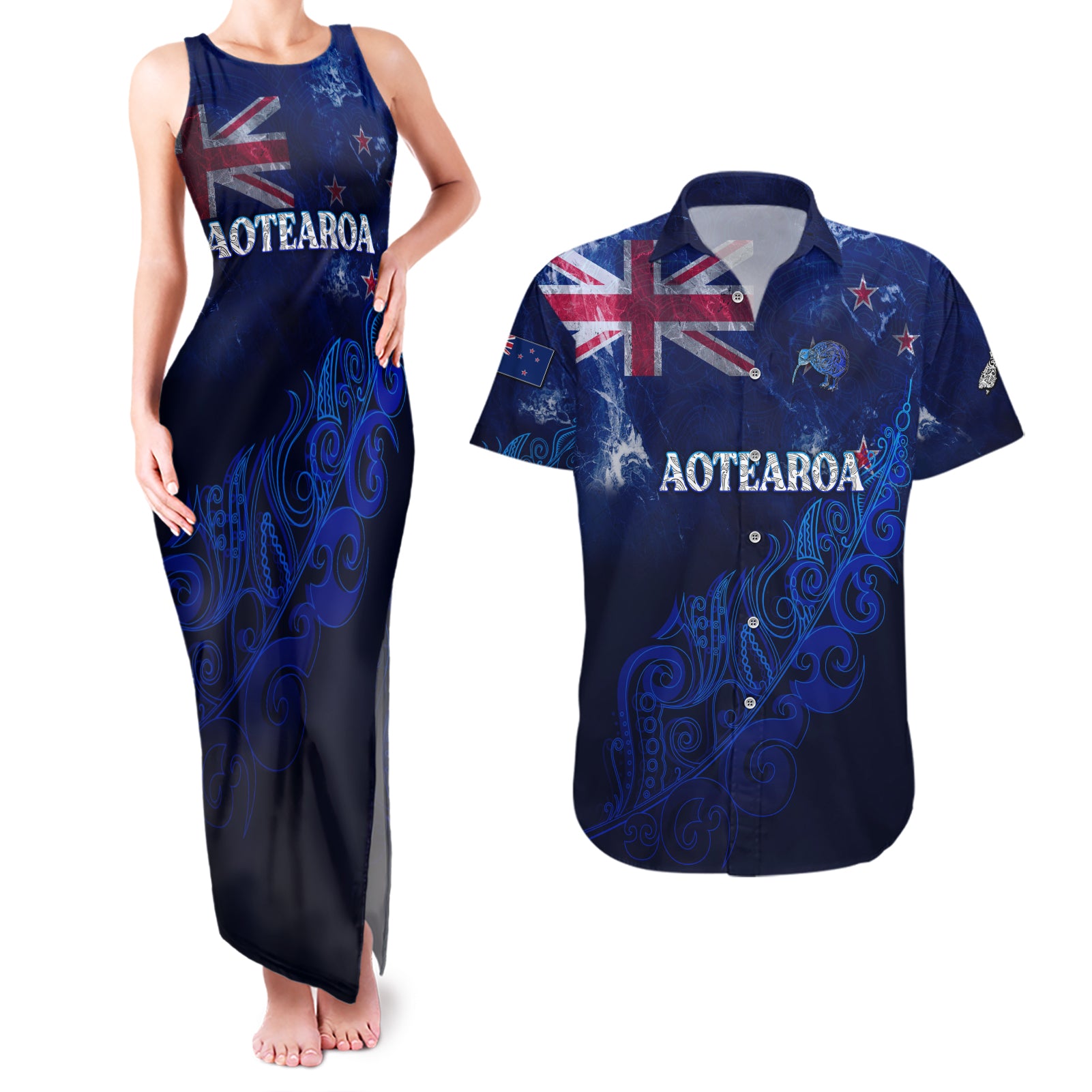 Personalised New Zealand Couples Matching Tank Maxi Dress and Hawaiian Shirt Aotearoa Map Silver Fern - Wonder Print Shop