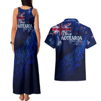 Personalised New Zealand Couples Matching Tank Maxi Dress and Hawaiian Shirt Aotearoa Map Silver Fern - Wonder Print Shop