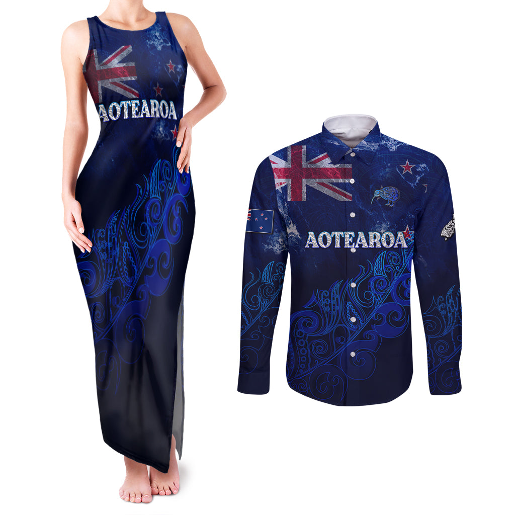 Personalised New Zealand Couples Matching Tank Maxi Dress and Long Sleeve Button Shirts Aotearoa Map Silver Fern - Wonder Print Shop