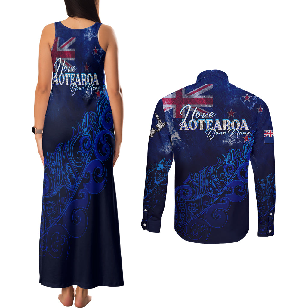 Personalised New Zealand Couples Matching Tank Maxi Dress and Long Sleeve Button Shirts Aotearoa Map Silver Fern - Wonder Print Shop