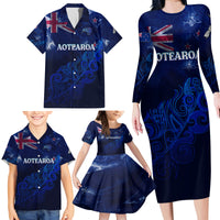 Personalised New Zealand Family Matching Long Sleeve Bodycon Dress and Hawaiian Shirt Aotearoa Map Silver Fern - Wonder Print Shop