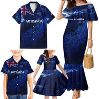 Personalised New Zealand Family Matching Mermaid Dress and Hawaiian Shirt Aotearoa Map Silver Fern - Wonder Print Shop