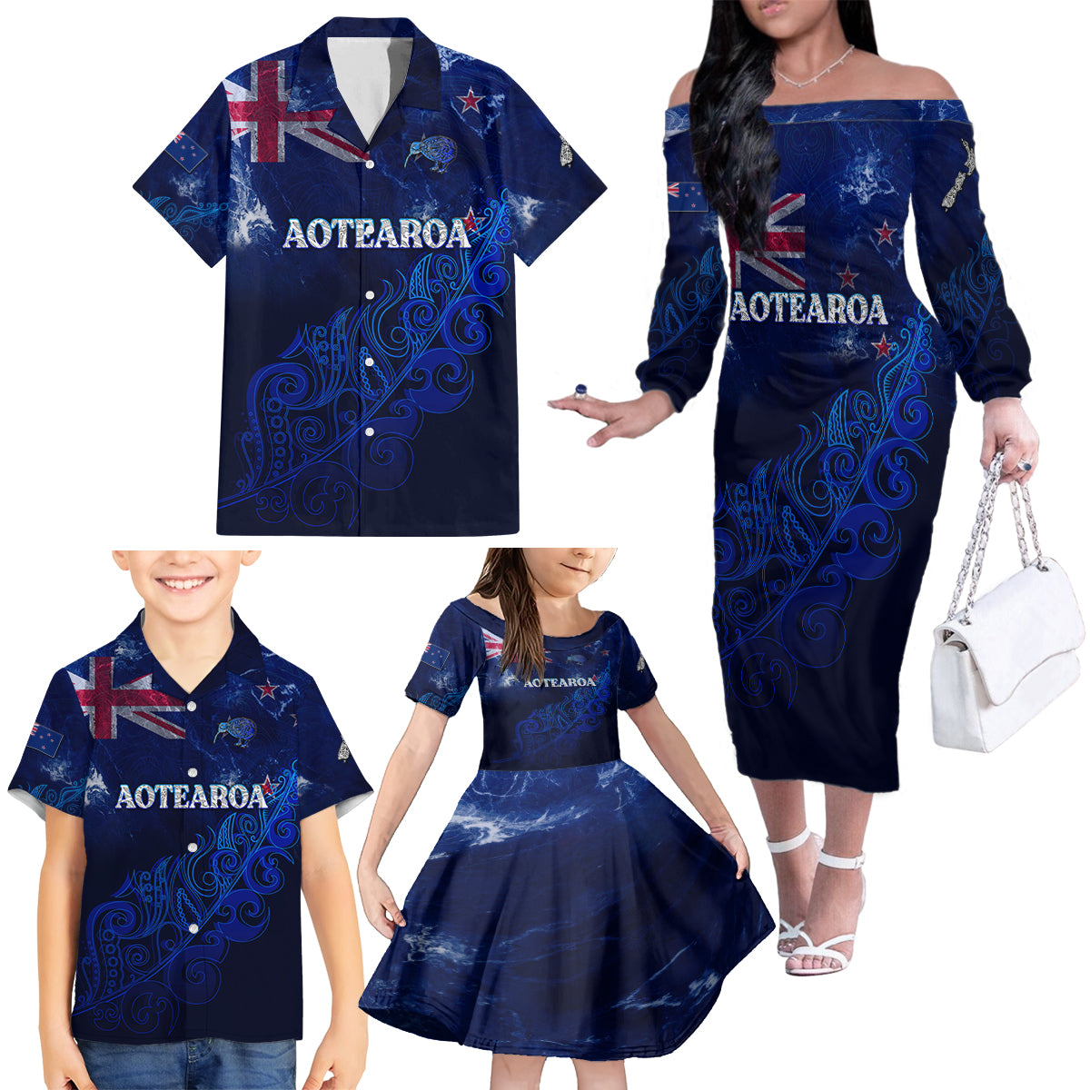 Personalised New Zealand Family Matching Off Shoulder Long Sleeve Dress and Hawaiian Shirt Aotearoa Map Silver Fern - Wonder Print Shop