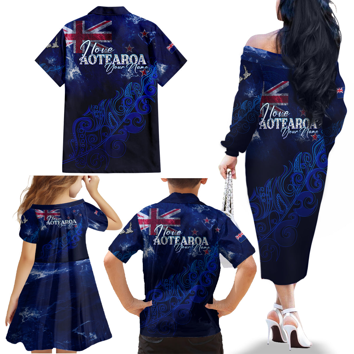 Personalised New Zealand Family Matching Off Shoulder Long Sleeve Dress and Hawaiian Shirt Aotearoa Map Silver Fern - Wonder Print Shop