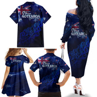 Personalised New Zealand Family Matching Off Shoulder Long Sleeve Dress and Hawaiian Shirt Aotearoa Map Silver Fern - Wonder Print Shop