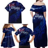 Personalised New Zealand Family Matching Off Shoulder Maxi Dress and Hawaiian Shirt Aotearoa Map Silver Fern - Wonder Print Shop