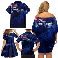 Personalised New Zealand Family Matching Off Shoulder Short Dress and Hawaiian Shirt Aotearoa Map Silver Fern - Wonder Print Shop