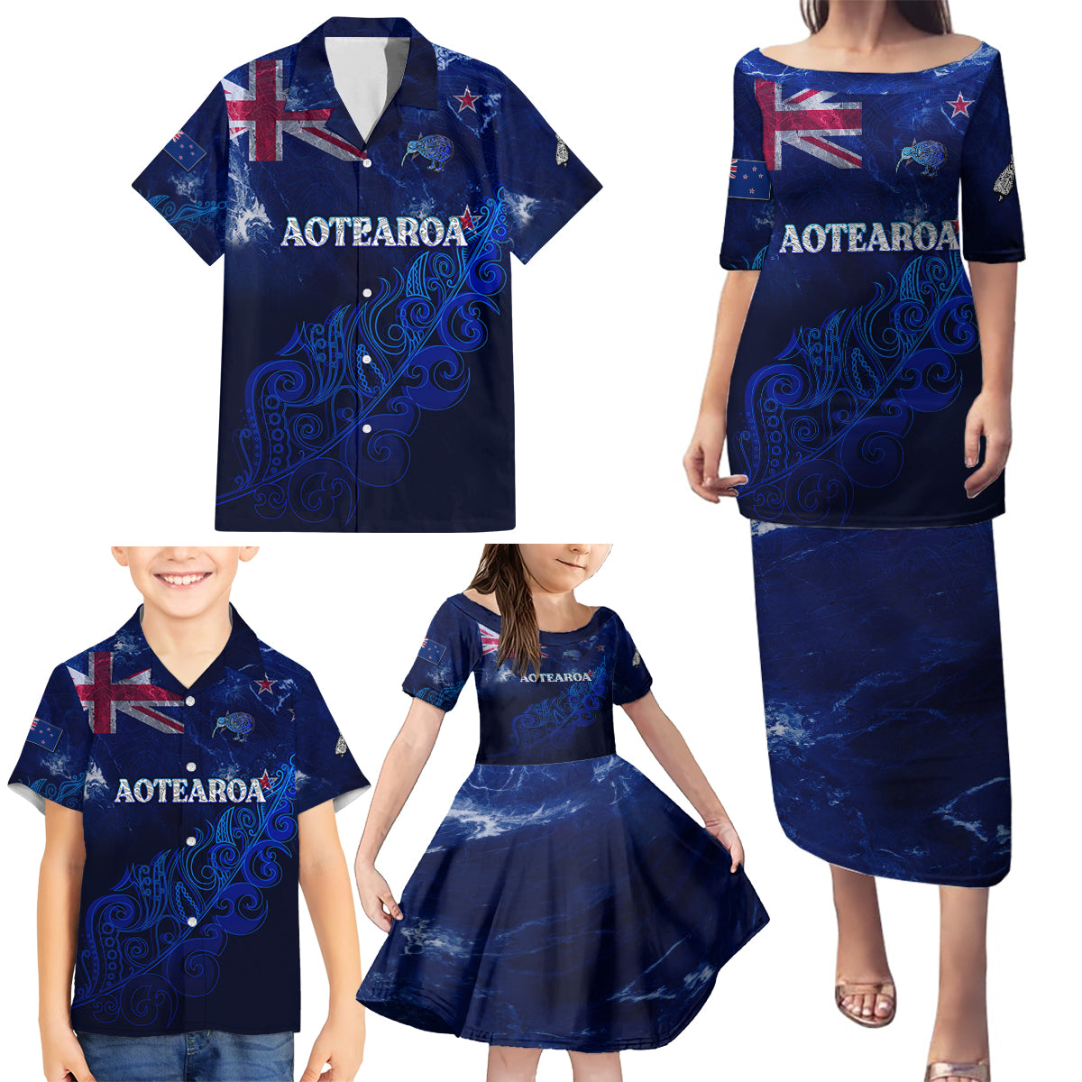 Personalised New Zealand Family Matching Puletasi Dress and Hawaiian Shirt Aotearoa Map Silver Fern - Wonder Print Shop