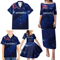 Personalised New Zealand Family Matching Puletasi Dress and Hawaiian Shirt Aotearoa Map Silver Fern - Wonder Print Shop