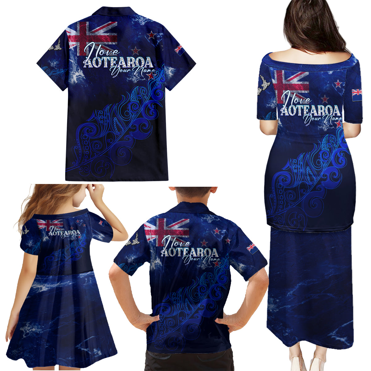 Personalised New Zealand Family Matching Puletasi Dress and Hawaiian Shirt Aotearoa Map Silver Fern - Wonder Print Shop