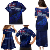 Personalised New Zealand Family Matching Puletasi Dress and Hawaiian Shirt Aotearoa Map Silver Fern - Wonder Print Shop