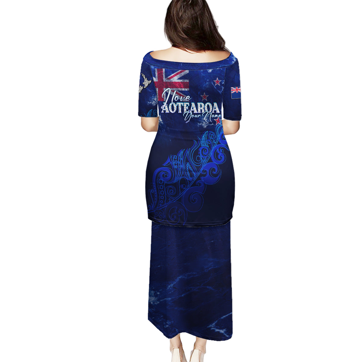 Personalised New Zealand Family Matching Puletasi Dress and Hawaiian Shirt Aotearoa Map Silver Fern - Wonder Print Shop
