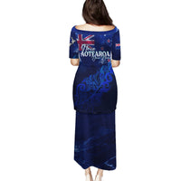 Personalised New Zealand Family Matching Puletasi Dress and Hawaiian Shirt Aotearoa Map Silver Fern - Wonder Print Shop