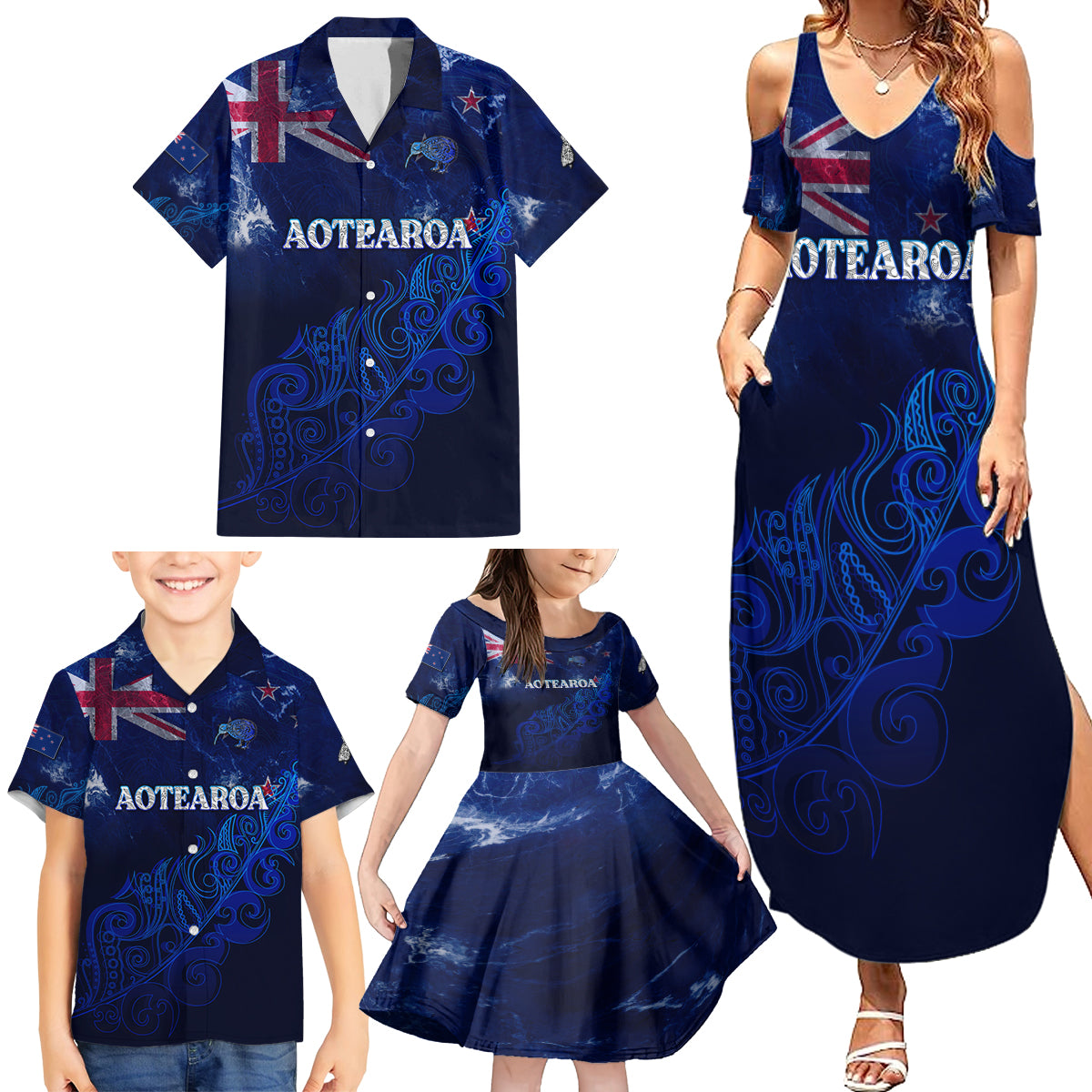 Personalised New Zealand Family Matching Summer Maxi Dress and Hawaiian Shirt Aotearoa Map Silver Fern - Wonder Print Shop