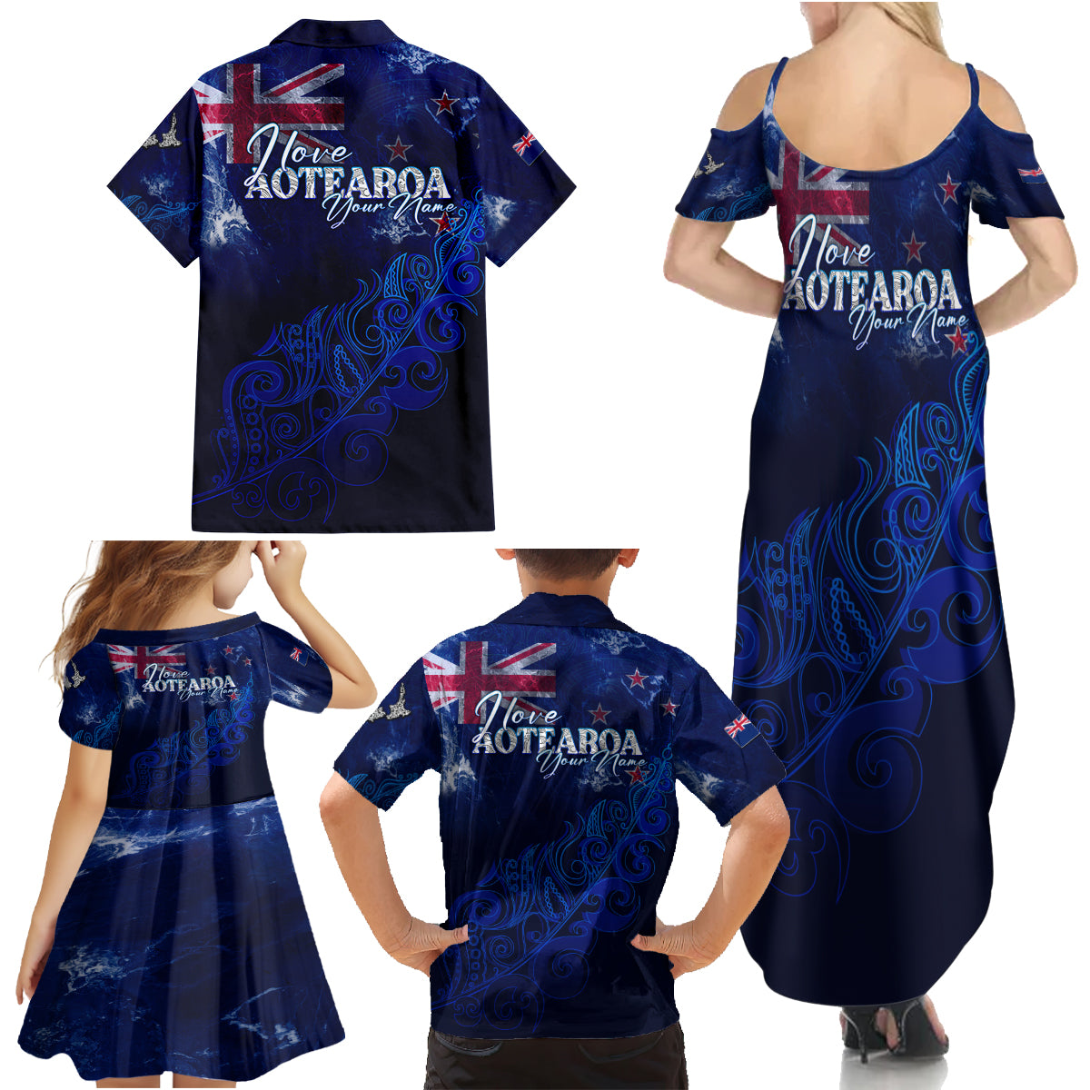 Personalised New Zealand Family Matching Summer Maxi Dress and Hawaiian Shirt Aotearoa Map Silver Fern - Wonder Print Shop