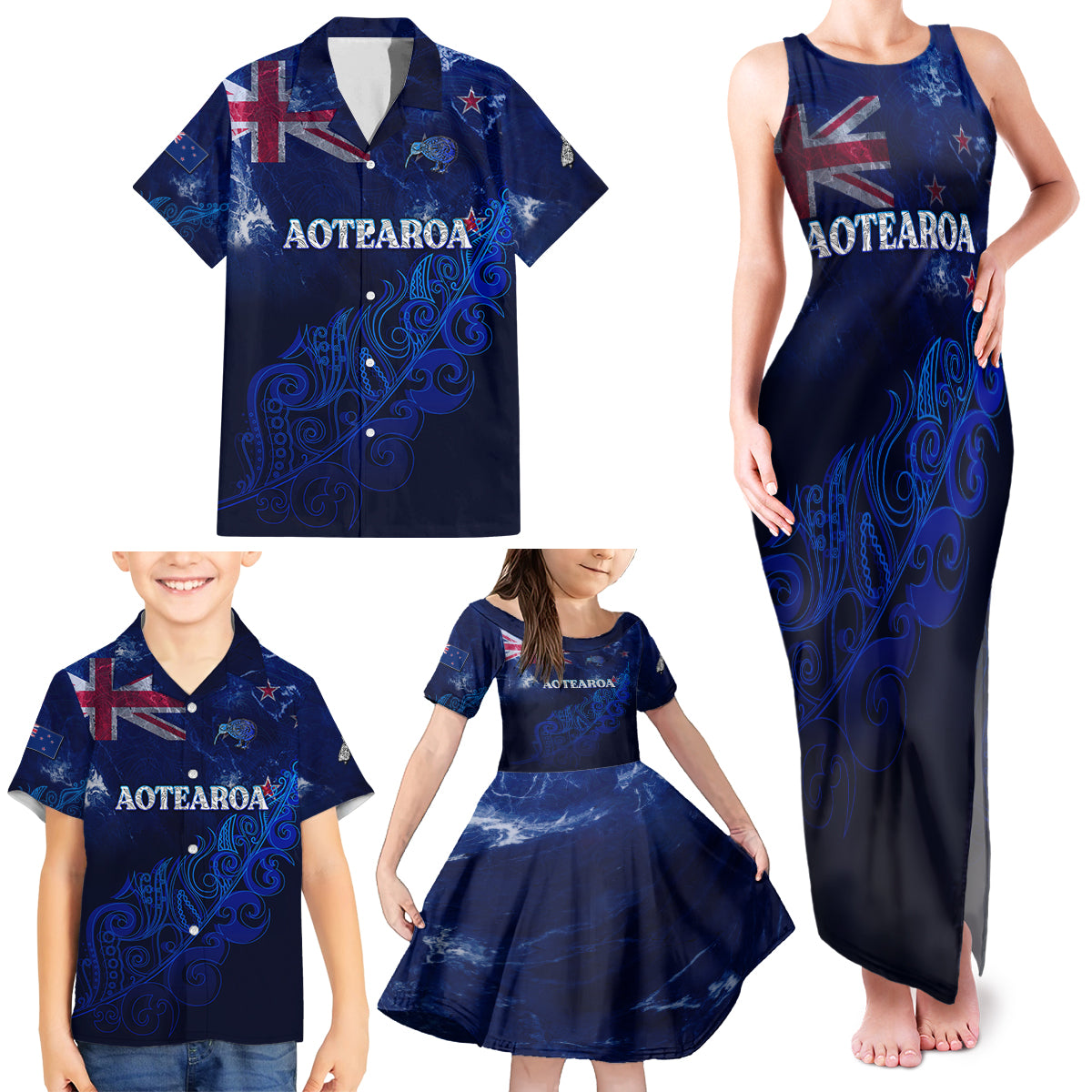 Personalised New Zealand Family Matching Tank Maxi Dress and Hawaiian Shirt Aotearoa Map Silver Fern - Wonder Print Shop