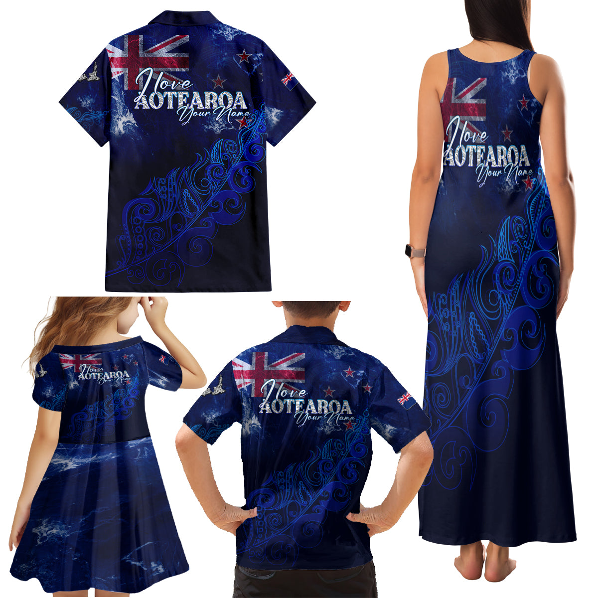 Personalised New Zealand Family Matching Tank Maxi Dress and Hawaiian Shirt Aotearoa Map Silver Fern - Wonder Print Shop