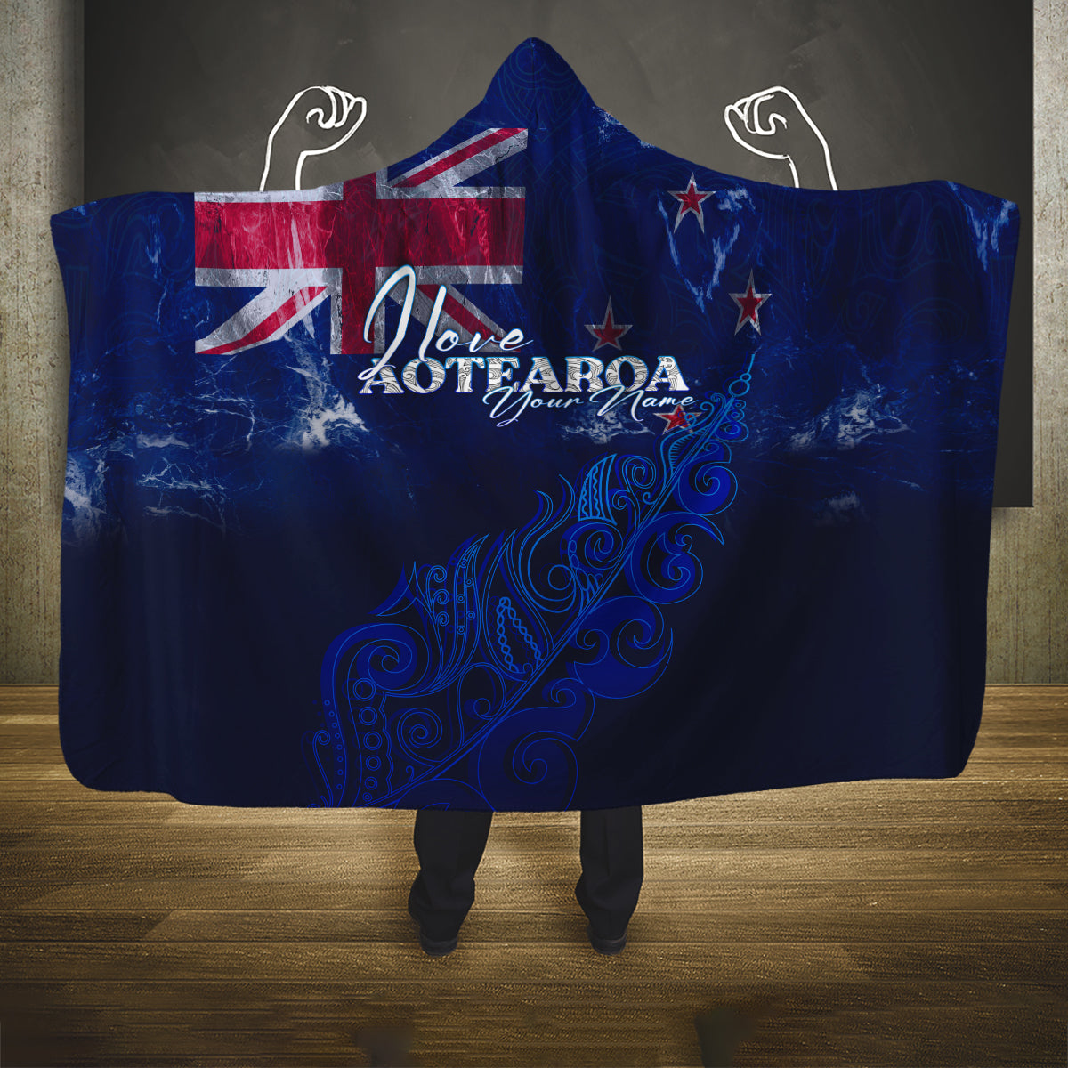 personalised-new-zealand-hooded-blanket-aotearoa-map-silver-fern