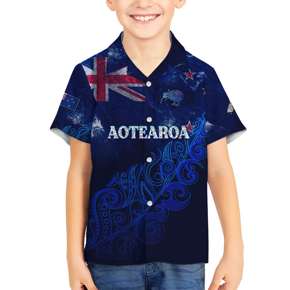 Personalised New Zealand Kid Hawaiian Shirt Aotearoa Map Silver Fern - Wonder Print Shop