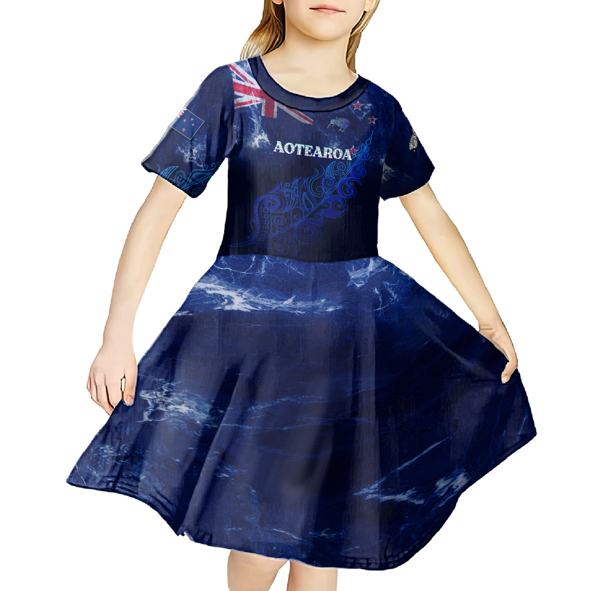 Personalised New Zealand Kid Short Sleeve Dress Aotearoa Map Silver Fern - Wonder Print Shop