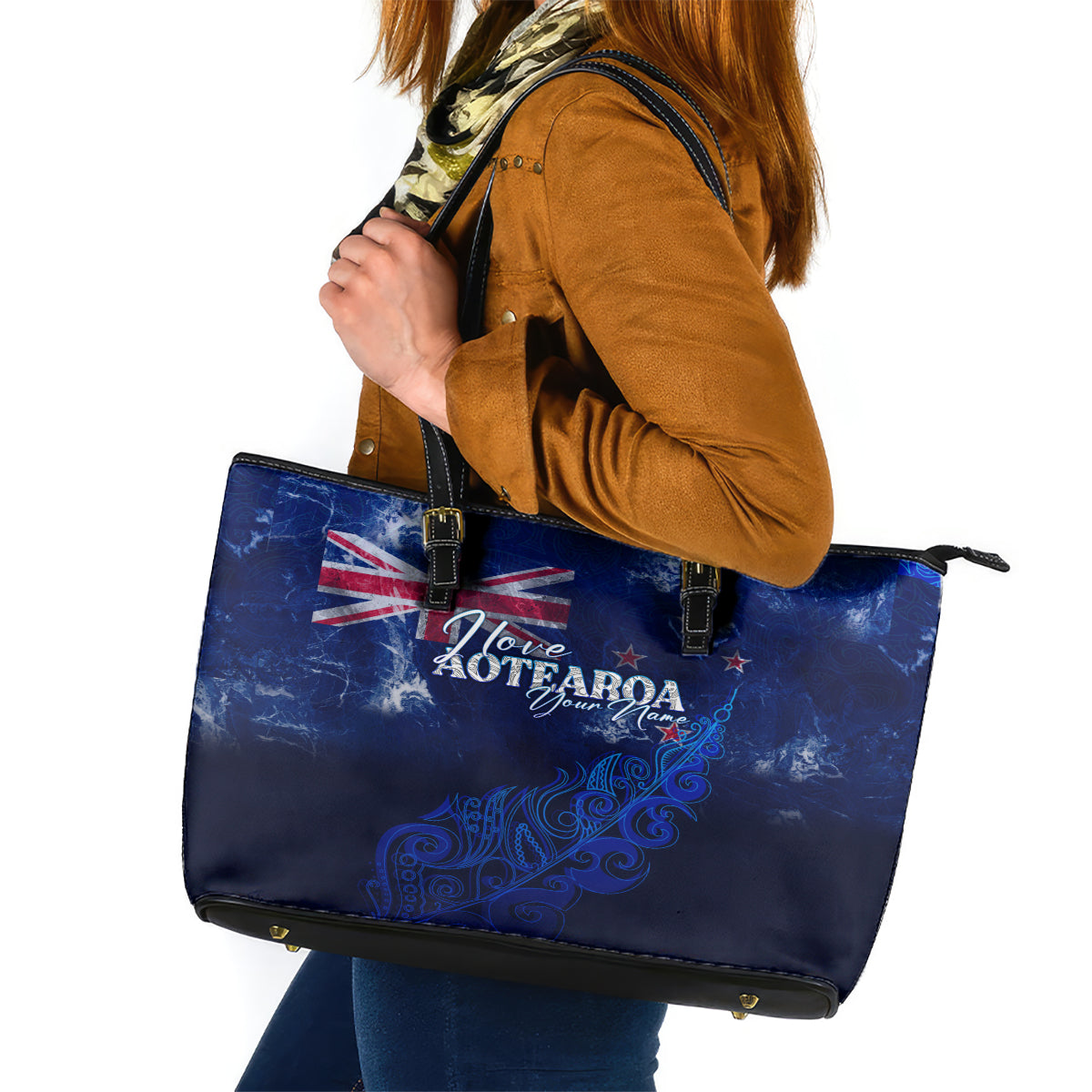 Personalised New Zealand Leather Tote Bag Aotearoa Map Silver Fern - Wonder Print Shop