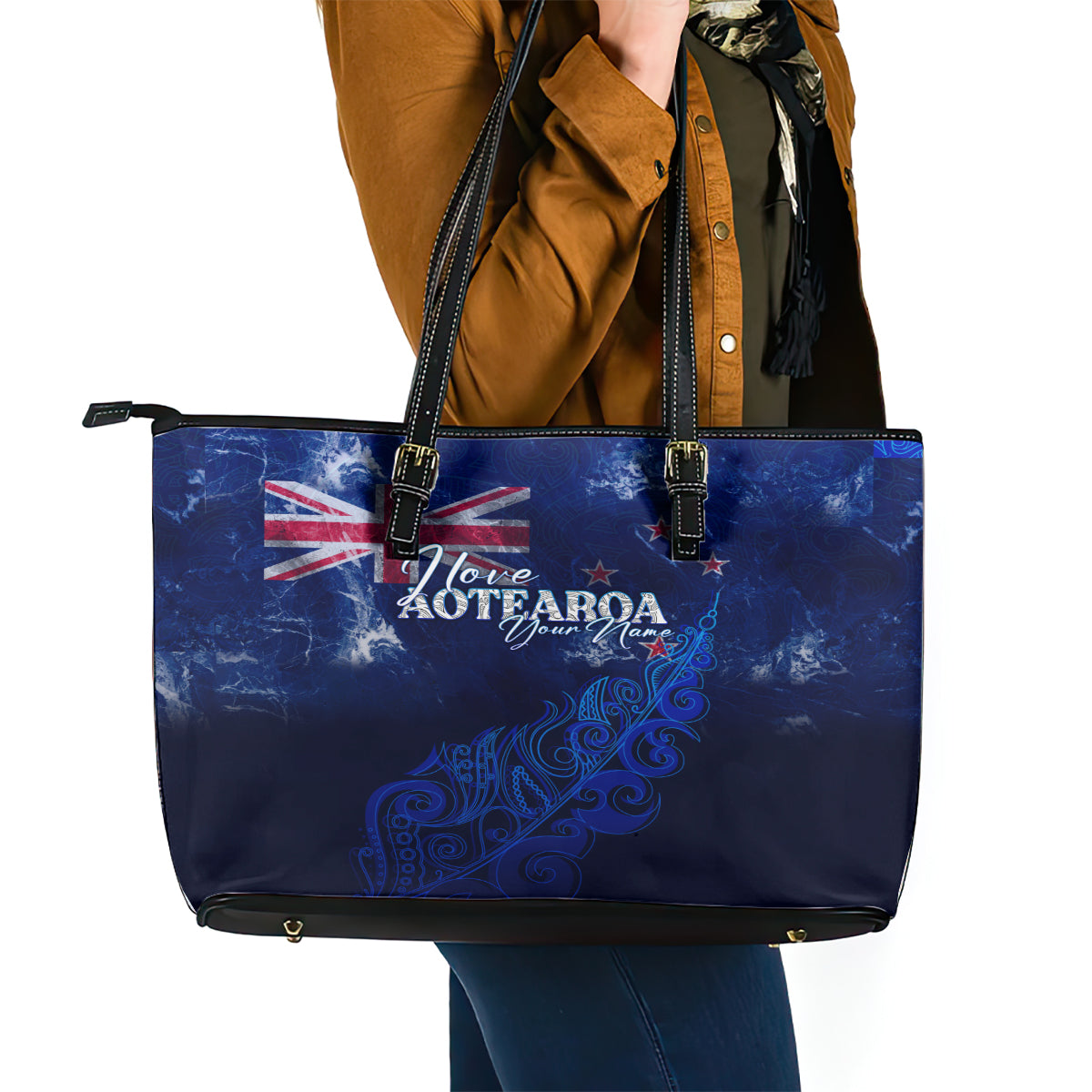 Personalised New Zealand Leather Tote Bag Aotearoa Map Silver Fern - Wonder Print Shop