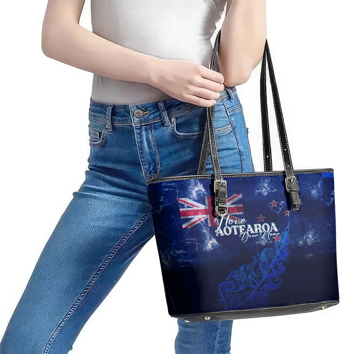 Personalised New Zealand Leather Tote Bag Aotearoa Map Silver Fern - Wonder Print Shop