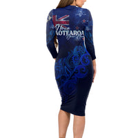 Personalised New Zealand Long Sleeve Bodycon Dress Aotearoa Map Silver Fern - Wonder Print Shop