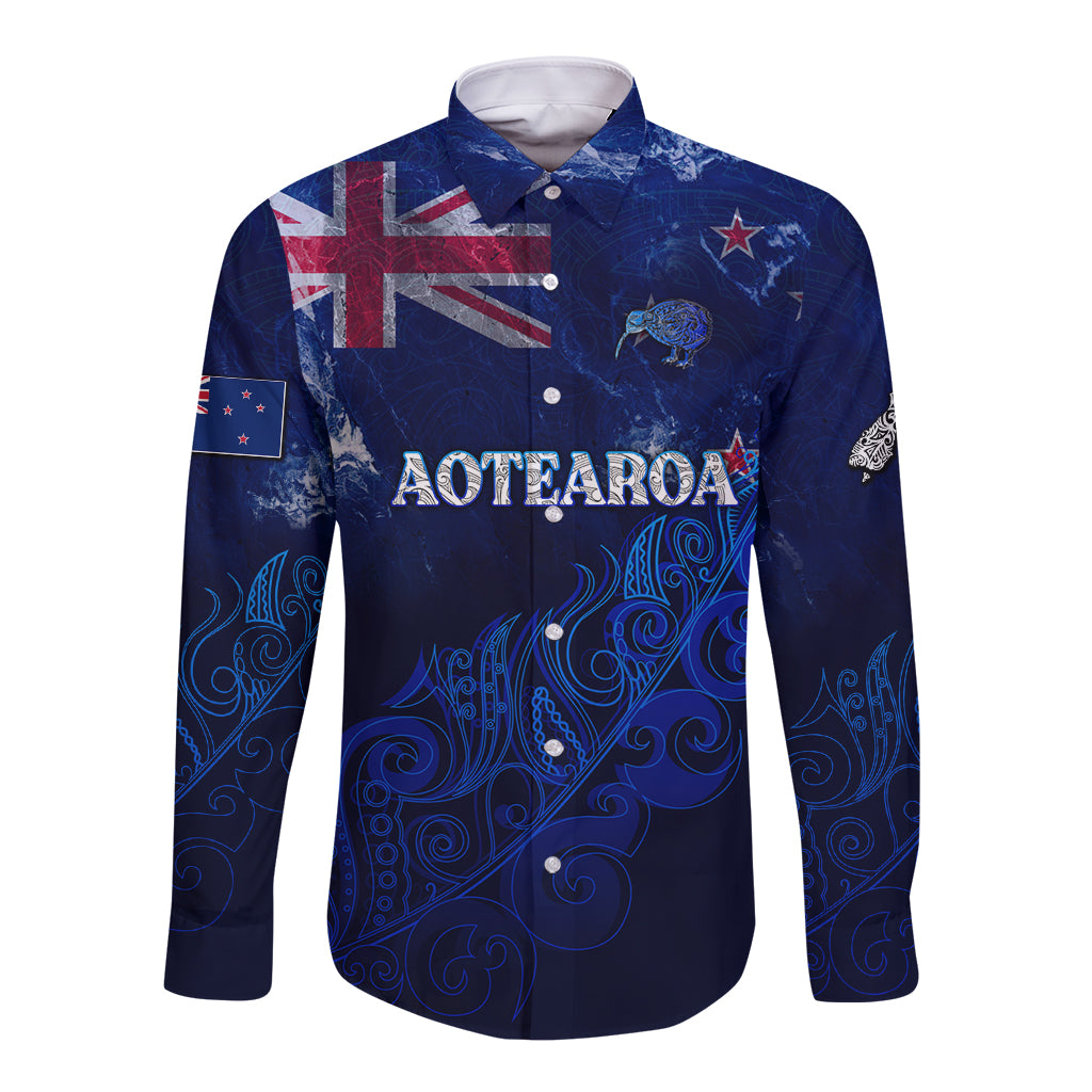 Personalised New Zealand Long Sleeve Button Shirt Aotearoa Map Silver Fern - Wonder Print Shop