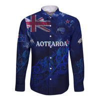 Personalised New Zealand Long Sleeve Button Shirt Aotearoa Map Silver Fern - Wonder Print Shop