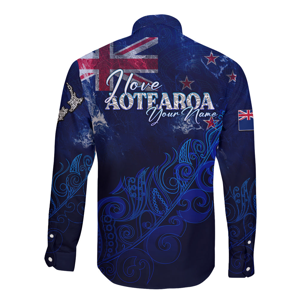 Personalised New Zealand Long Sleeve Button Shirt Aotearoa Map Silver Fern - Wonder Print Shop