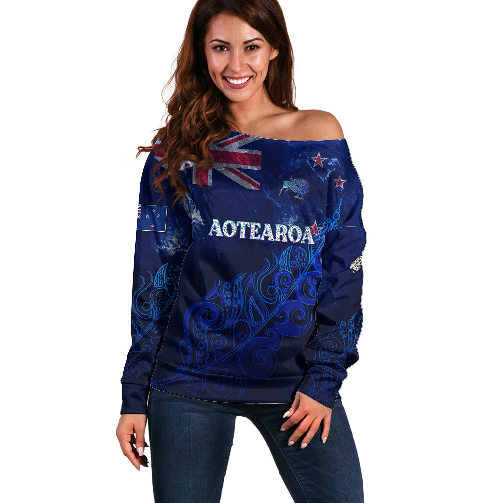 Personalised New Zealand Off Shoulder Sweater Aotearoa Map Silver Fern - Wonder Print Shop