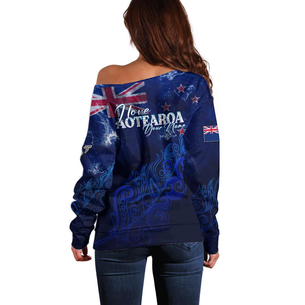 Personalised New Zealand Off Shoulder Sweater Aotearoa Map Silver Fern - Wonder Print Shop