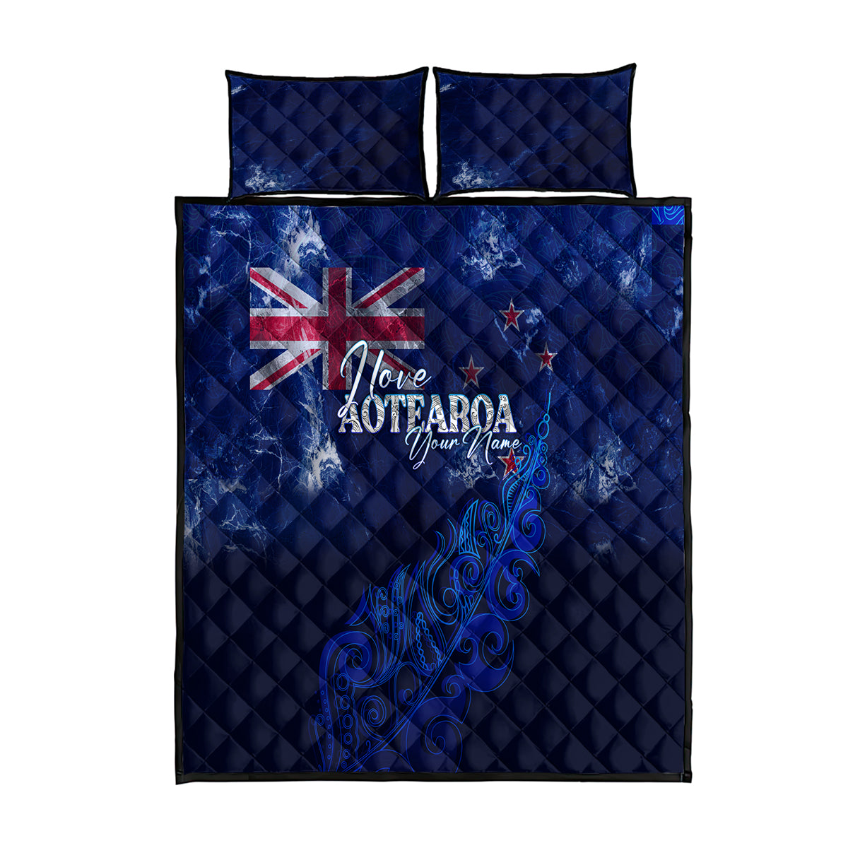 Personalised New Zealand Quilt Bed Set Aotearoa Map Silver Fern - Wonder Print Shop