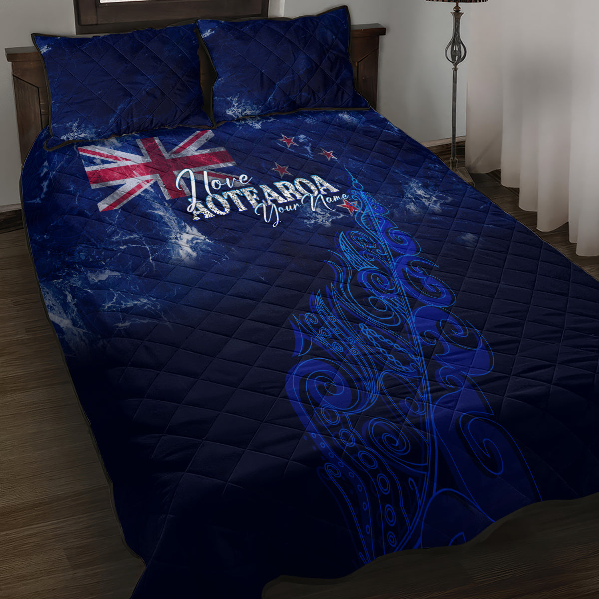 Personalised New Zealand Quilt Bed Set Aotearoa Map Silver Fern - Wonder Print Shop