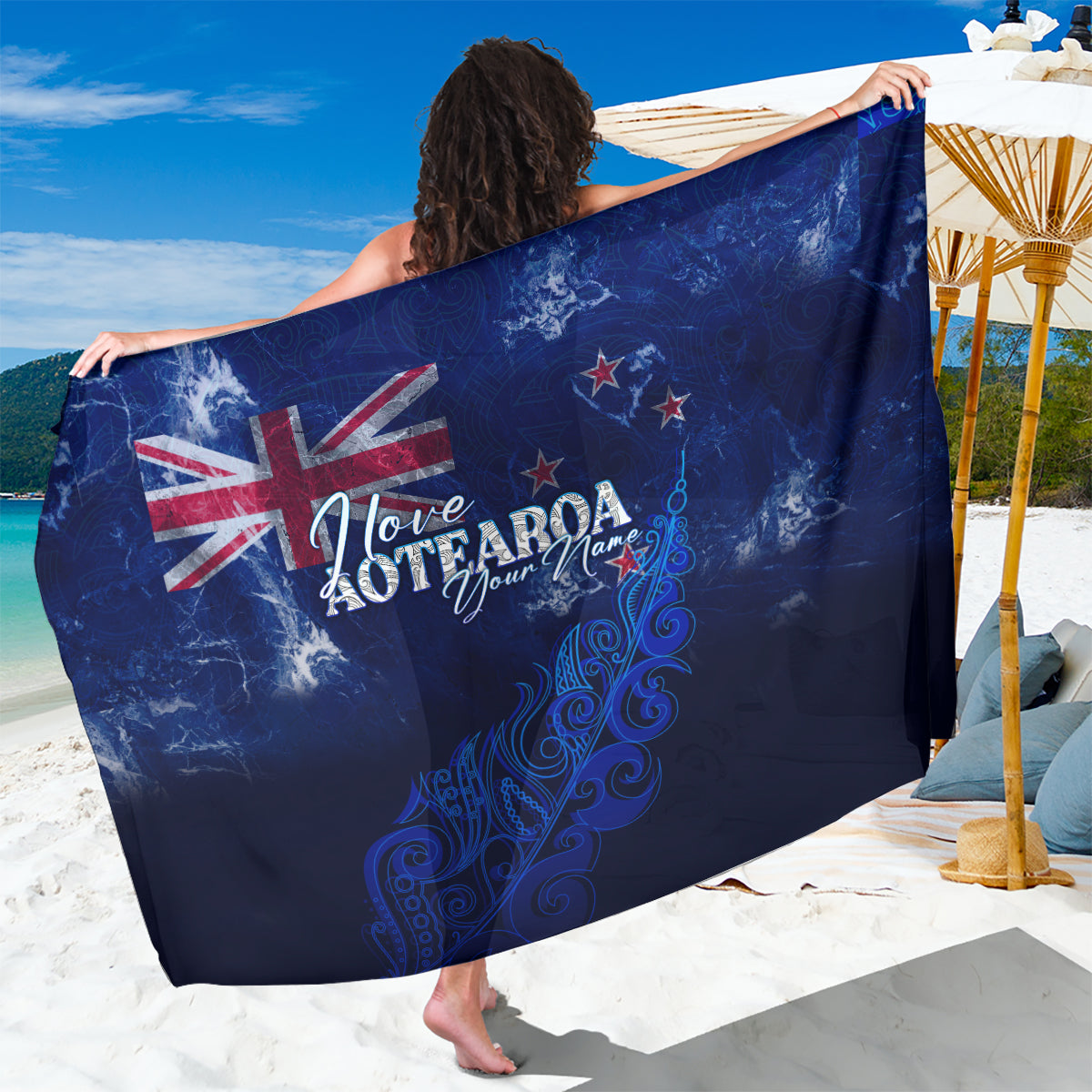 Personalised New Zealand Sarong Aotearoa Map Silver Fern - Wonder Print Shop