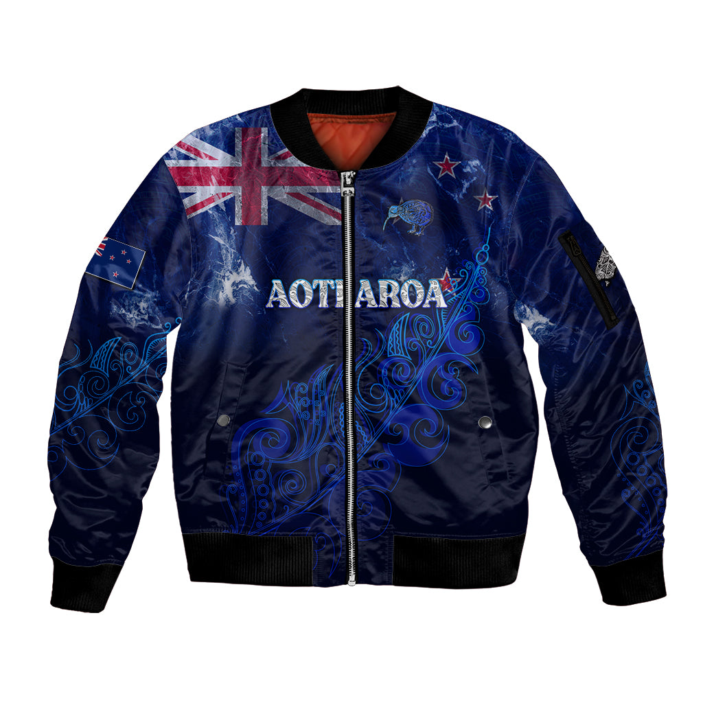 Personalised New Zealand Sleeve Zip Bomber Jacket Aotearoa Map Silver Fern - Wonder Print Shop