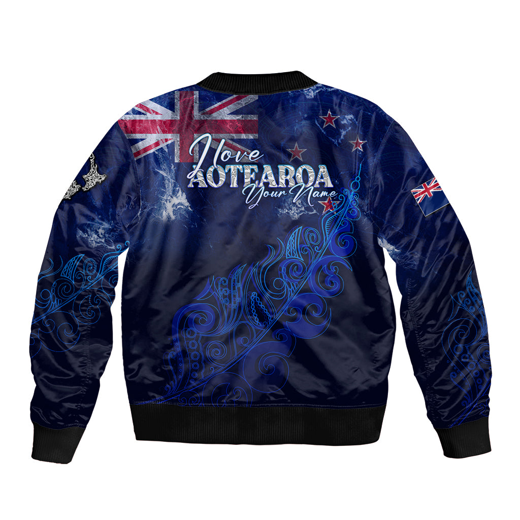 Personalised New Zealand Sleeve Zip Bomber Jacket Aotearoa Map Silver Fern - Wonder Print Shop