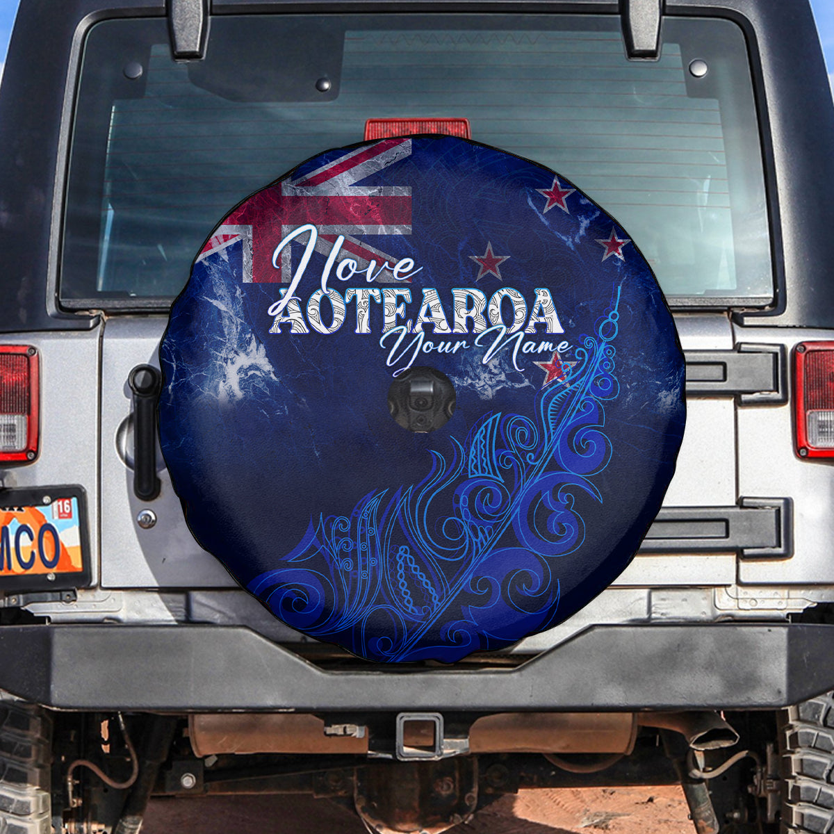 Personalised New Zealand Spare Tire Cover Aotearoa Map Silver Fern - Wonder Print Shop