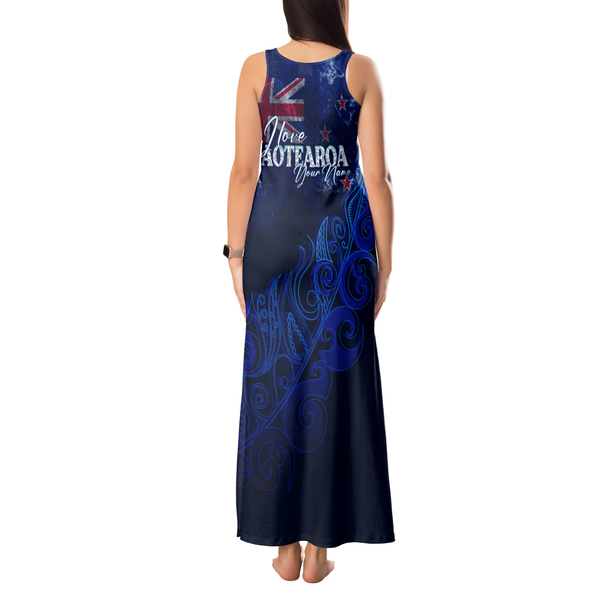 Personalised New Zealand Tank Maxi Dress Aotearoa Map Silver Fern - Wonder Print Shop
