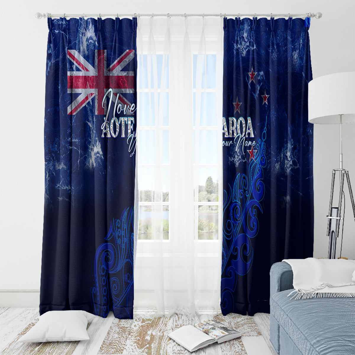 Personalised New Zealand Window Curtain Aotearoa Map Silver Fern - Wonder Print Shop