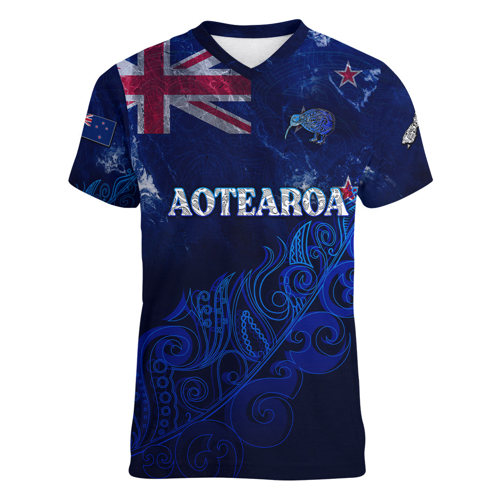 Personalised New Zealand Women V Neck T Shirt Aotearoa Map Silver Fern - Wonder Print Shop