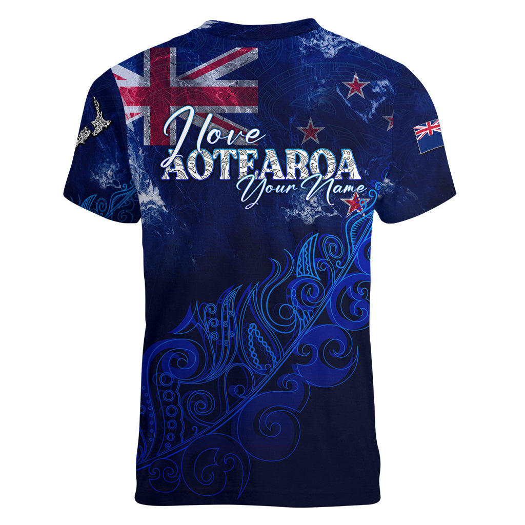 Personalised New Zealand Women V Neck T Shirt Aotearoa Map Silver Fern - Wonder Print Shop