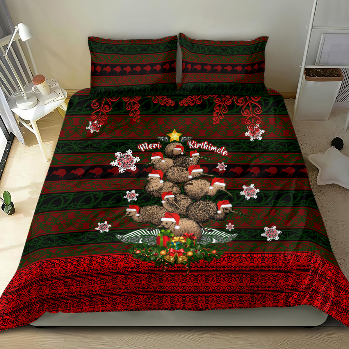 Meri Kirihimete New Zealand Bedding Set Christmas Kiwi Maori - Wonder Print Shop