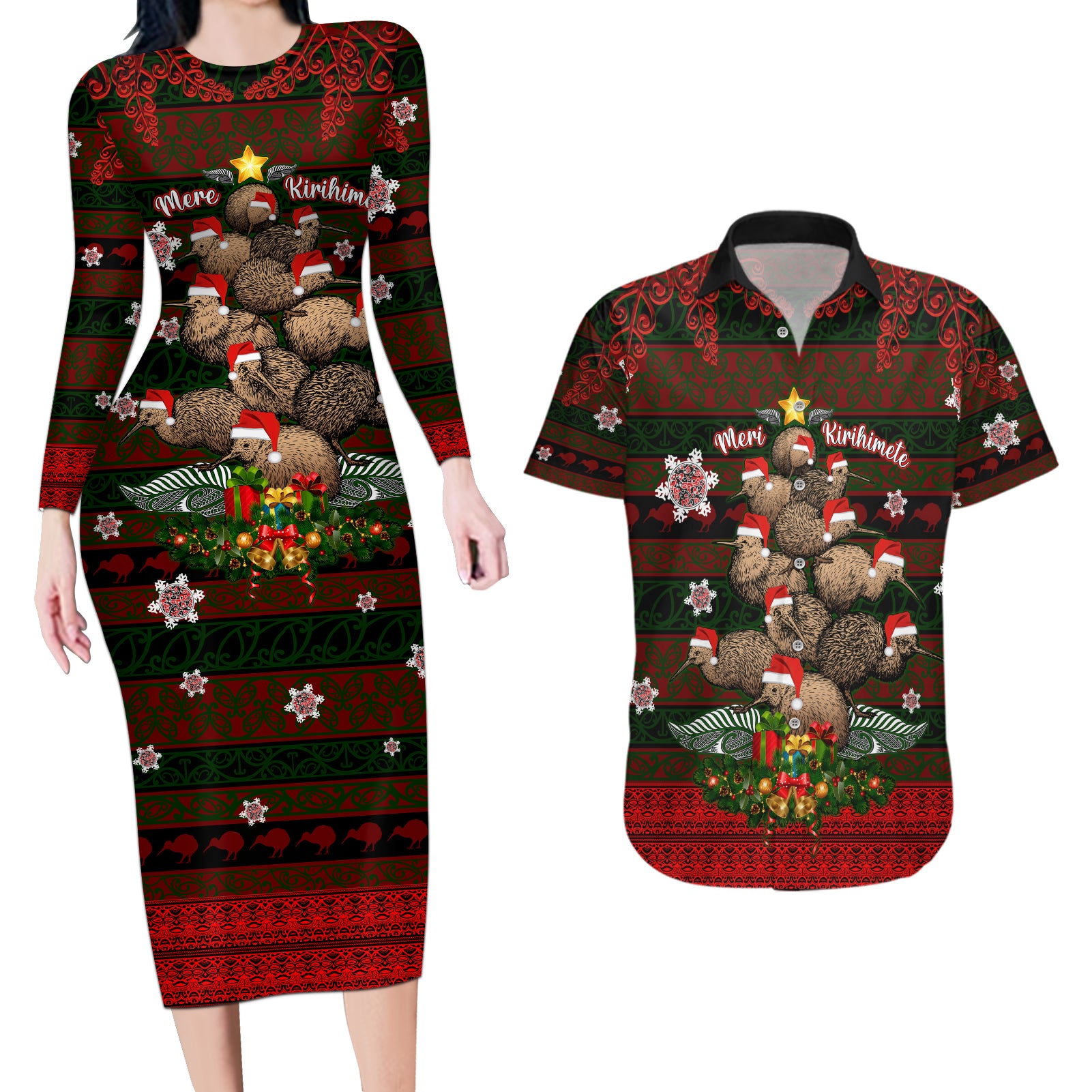 Meri Kirihimete New Zealand Couples Matching Long Sleeve Bodycon Dress and Hawaiian Shirt Christmas Kiwi Maori - Wonder Print Shop